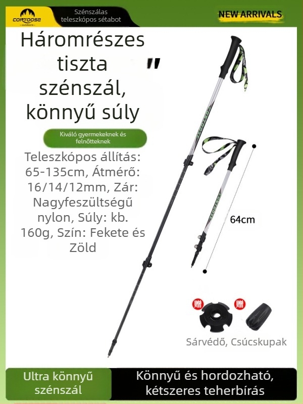 Kuangtu szénszálas mászóbot háromrészes teleszkópos mankó férfiaknak és nőknek kültéri túrázáshoz, hegymászó felszereléshez, ultra könnyű, csúszásmentes mankó