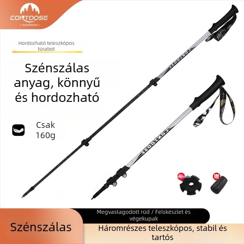 Kuangtu szénszálas mászóbot háromrészes teleszkópos mankó férfiaknak és nőknek kültéri túrázáshoz, hegymászó felszereléshez, ultra könnyű, csúszásmentes mankó