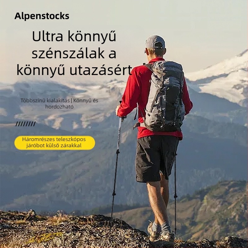 Kuangtu szénszálas mászóbot háromrészes teleszkópos mankó férfiaknak és nőknek kültéri túrázáshoz, hegymászó felszereléshez, ultra könnyű, csúszásmentes mankó