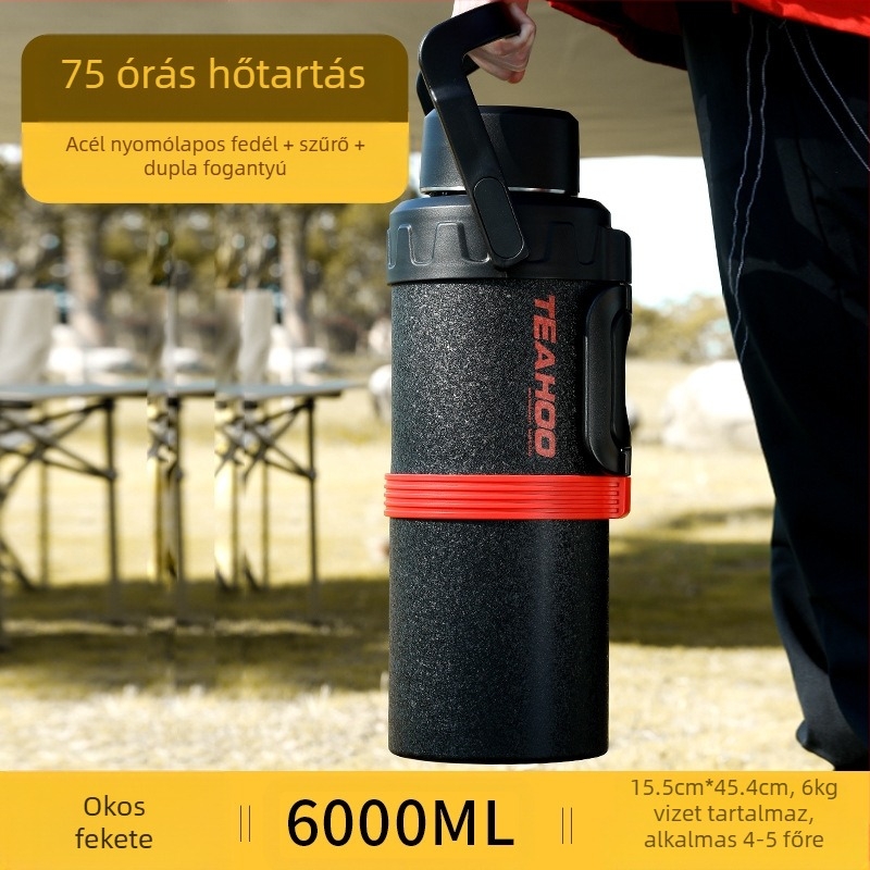 Qihu Thermos nagy kapacitású, 6 literes termosz, hordozható autós kültéri termosz, teljes acél, 316 rozsdamentes acél vízforraló