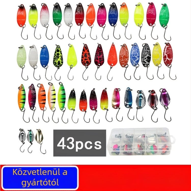 Nagykereskedelmi 43/12 darab fém kanál alakú flitter, színes, egykampós csali ló szájjal flitter készlet raktáron