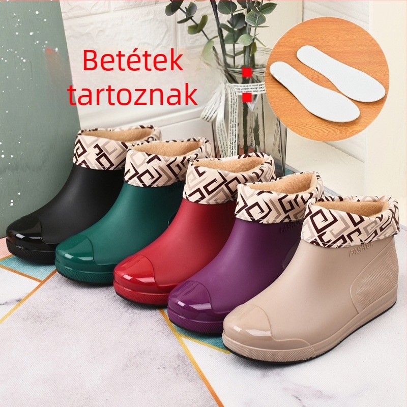 Divatos női esőcsizma, rövid csővel, külső viselet, vízálló cipő, meleg, csúszásmentes esőcsizma, vízálló csizma, konyhai, autómosós, munkacipő, gumicsizma