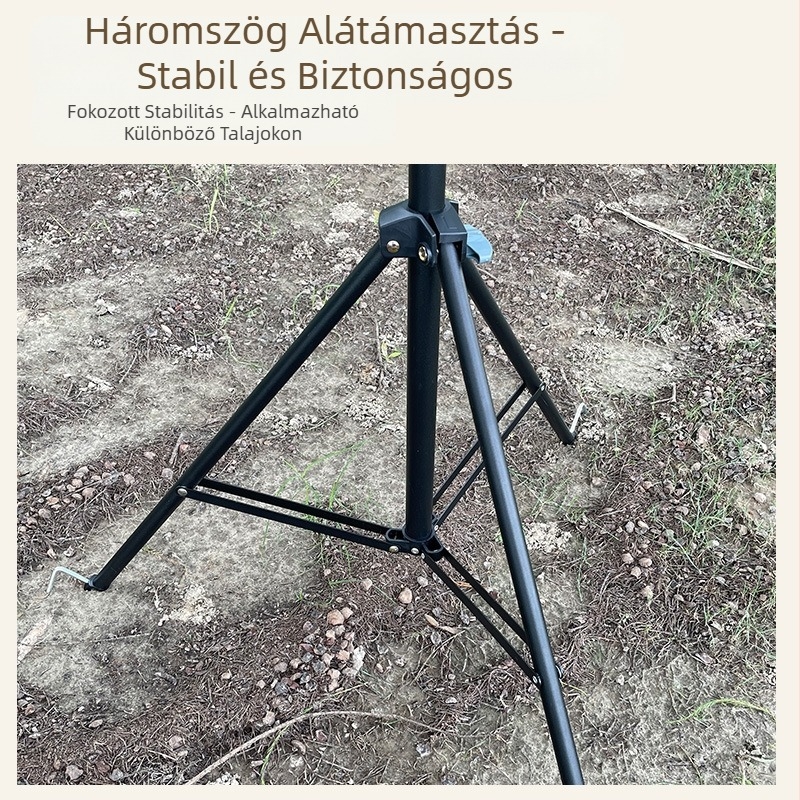 2,1 m-es kültéri kempinglámpa állvány, összecsukható, állítható kempinglámpa rúd, dupla akasztós, mobil kempingállvány