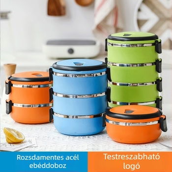 Rozsdamentes acélból készült, 304-es minőségű bento doboz, kerek, lezárt tartósítódoboz, többrétegű, kényelmes, szigetelt ebéddoboz, nyomtatott logóval