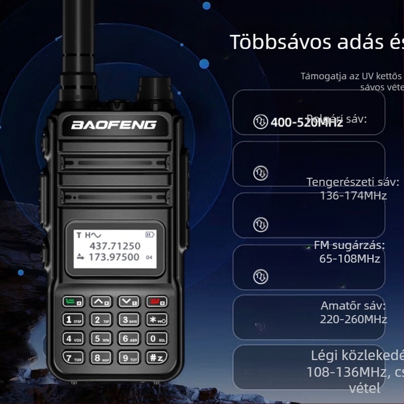 Az új Baofeng walkie-talkie nagy teljesítményű, közvetlen töltésű FM dupla szakaszú építési helyszíni önvezető túra kézi szállodai helyszín nagykereskedelem