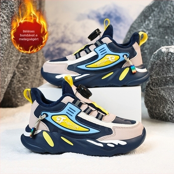 2023 őszi és téli bőr vízálló gyerekcipő fiúknak, csúszásgátló, közepes és nagy méretű, forgó csattal, gyapjúbéléssel