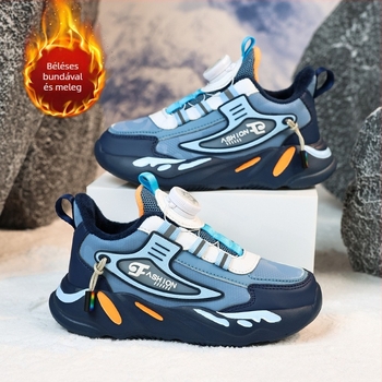 2023 őszi és téli bőr vízálló gyerekcipő fiúknak, csúszásgátló, közepes és nagy méretű, forgó csattal, gyapjúbéléssel