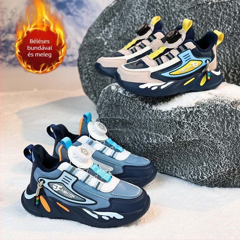 2023 őszi és téli bőr vízálló gyerekcipő fiúknak, csúszásgátló, közepes és nagy méretű, forgó csattal, gyapjúbéléssel