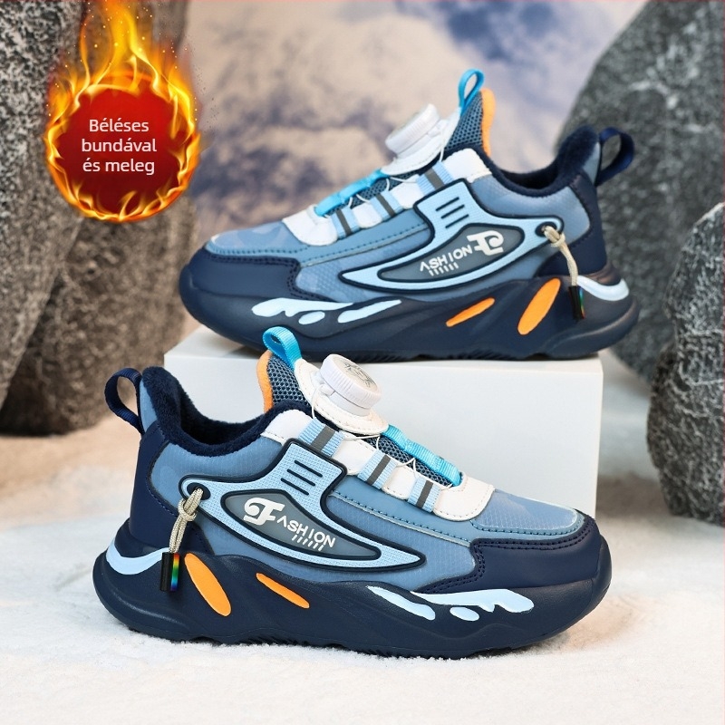 2023 őszi és téli bőr vízálló gyerekcipő fiúknak, csúszásgátló, közepes és nagy méretű, forgó csattal, gyapjúbéléssel