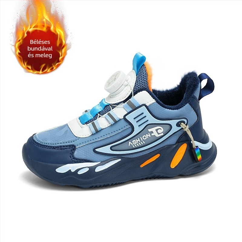 2023 őszi és téli bőr vízálló gyerekcipő fiúknak, csúszásgátló, közepes és nagy méretű, forgó csattal, gyapjúbéléssel