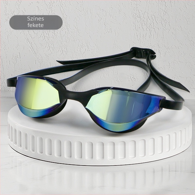 Kereszttükrös verseny úszószemüveg, galvanizált színes szemvédelem, vízálló, páramentesítő, professzionális edzőverseny úszószemüveg táska