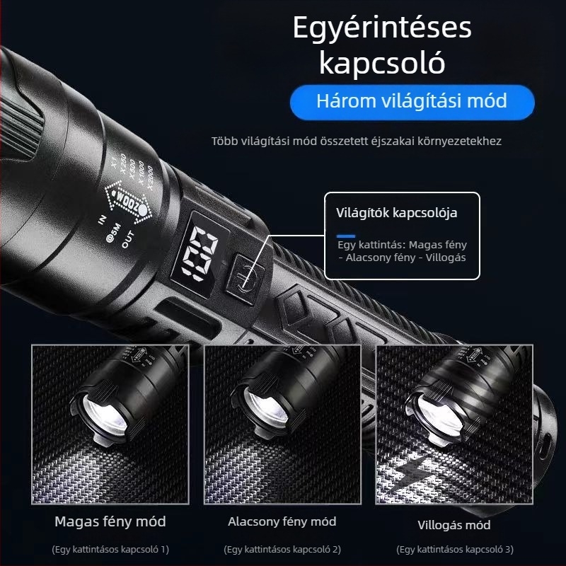 Határokon átnyúló LED zseblámpa újratölthető hordozható erős fényű, hosszú élettartamú fehér lézerfény kültéri szuperfényes multifunkcionális munkalámpa