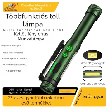 Kézben tartható zseblámpa kétfényforrással és mágneses toll-lámpával, kompatibilis száraz és lítium elemekkel