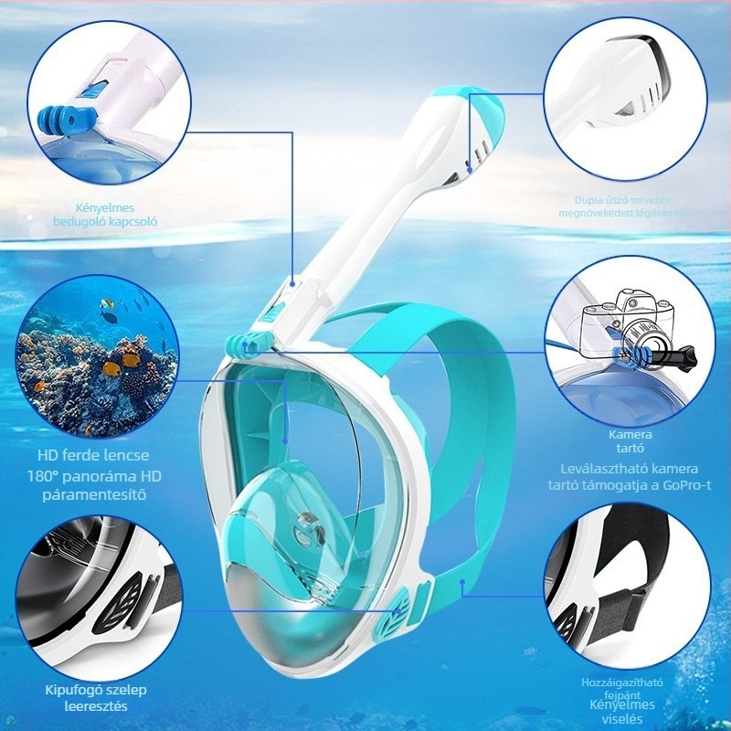 Búvármaszk légzés légutak elválasztó légzőcső könnyen csatlakoztatható GoPro kamera tartó teljesen száraz páramentesítő maszk