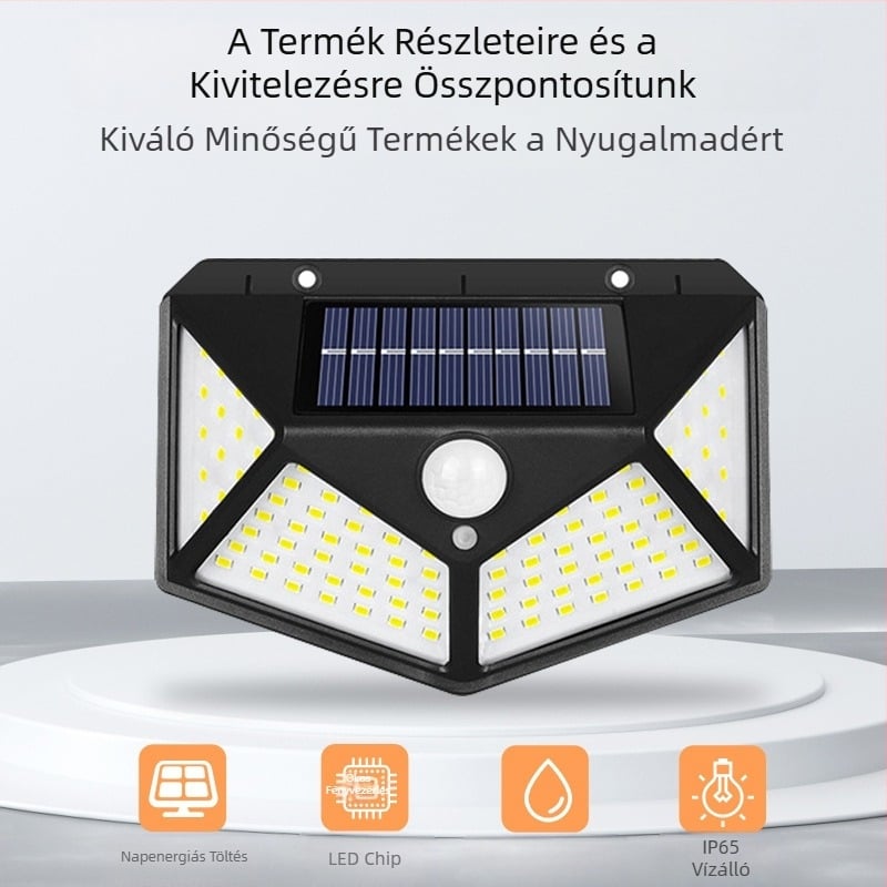 Határokon átnyúló napelemes kültéri udvari fali lámpa 100LED-es négyoldalas fénykibocsátó emberi test indukciós otthoni kerti tájlámpa