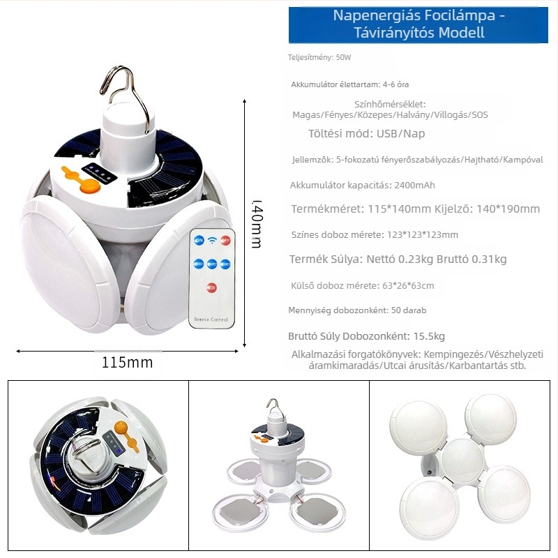 Napelemes újratölthető villanykörte áramkimaradás esetén, éjszakai piaci stand, háztartási LED-es energiatakarékos, összecsukható futballlámpa erős fényt biztosít