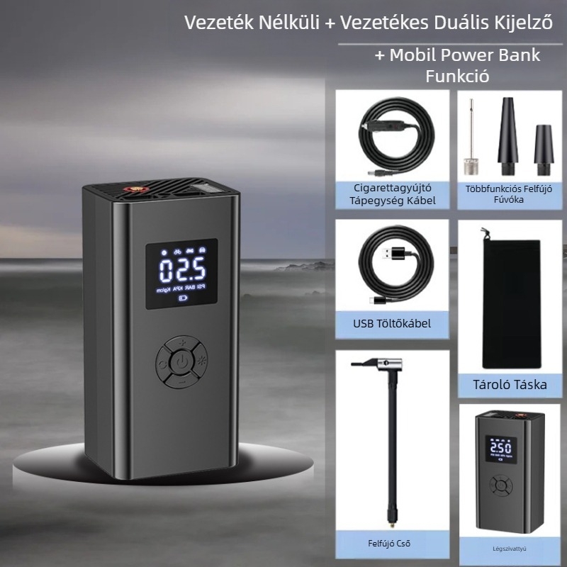 Határokon átnyúló vezeték nélküli autós légpumpa, kettős célú digitális kijelzővel, hordozható univerzális intelligens autós kerékpár gumiabroncspumpával