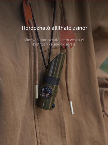 Kültéri kempingezéshez használható hét az egyben multifunkcionális síp, szamárbarát túlélő síp, életmentő síp zseblámpával, hőmérővel, iránytűvel