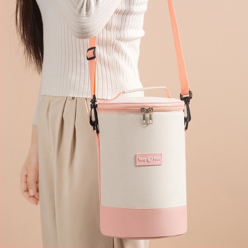 Szigetelt táska vállpánttal, nagy, vastagított, hengeres, kerek, többrétegű ebéddoboz irodai dolgozóknak és diákoknak, hordozható keresztpántos ebédtáska