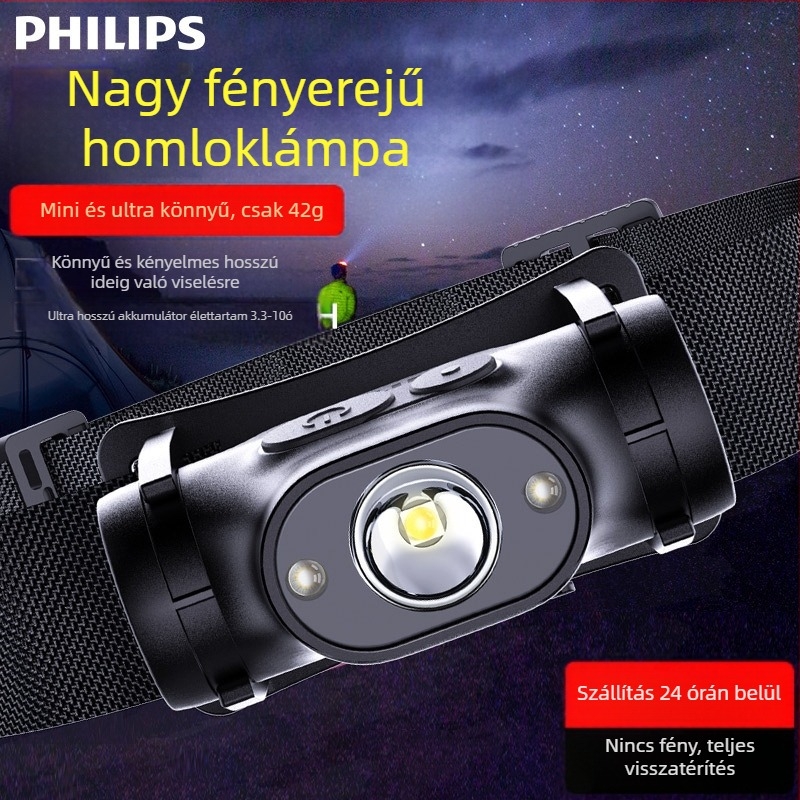 Philips indukciós fejlámpa horgászathoz, speciális, erős fényű, éjszakai horgászathoz, fejre szerelhető, töltésre alkalmas, szuper fényes világítású, hosszú élettartamú zseblámpa