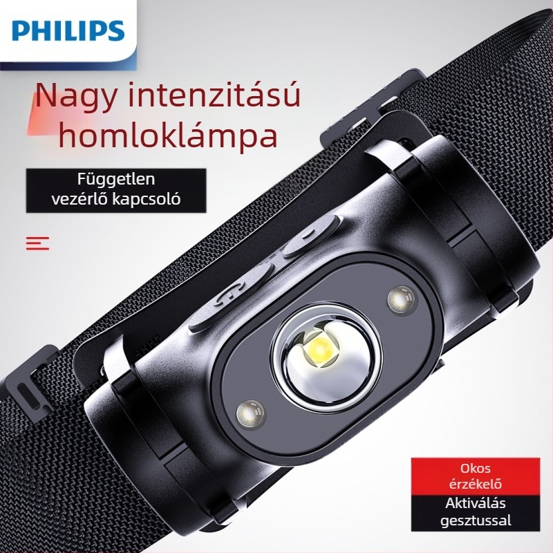Philips indukciós fejlámpa horgászathoz, speciális, erős fényű, éjszakai horgászathoz, fejre szerelhető, töltésre alkalmas, szuper fényes világítású, hosszú élettartamú zseblámpa