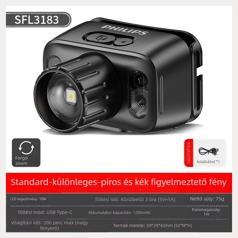 Philips indukciós fejlámpa horgászathoz, speciális, erős fényű, éjszakai horgászathoz, fejre szerelhető, töltésre alkalmas, szuper fényes világítású, hosszú élettartamú zseblámpa