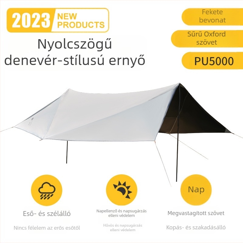 Nyolcszögletű fekete gumiponyva kültéri kempingezéshez Oxford szövetből készült, túlméretezett napellenző, UV-álló fekete gumiponyva sátor