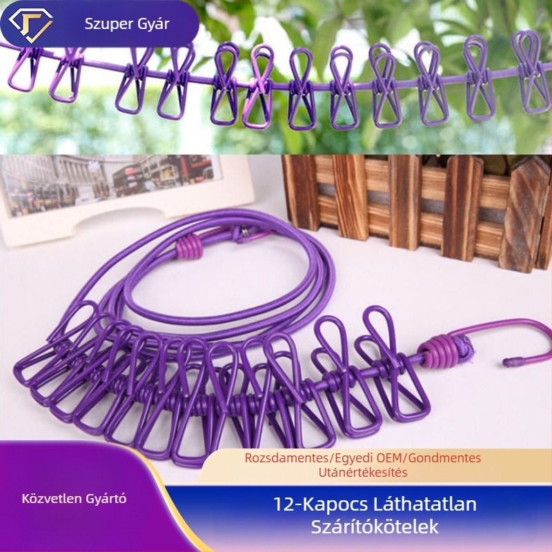 12-kapocsos láthatatlan ruhaszárítókötél, beltéri fúrás nélküli telepítés, kültéri utazás, hordozható szárítóeszköz szállodákba, behúzható ruhaszárítókötél