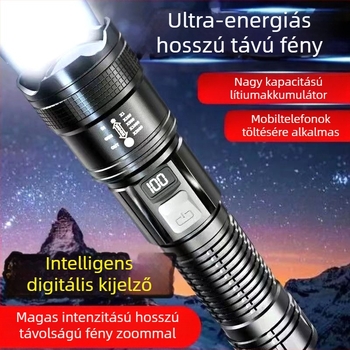 Többfunkciós zseblámpa, újratölthető, hordozható, intelligens digitális, robbanásveszélyes hangerővel, nagy lövésű, zoomos, USB szuperfényes zseblámpa