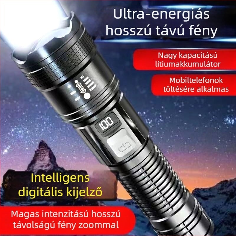 Többfunkciós zseblámpa, újratölthető, hordozható, intelligens digitális, robbanásveszélyes hangerővel, nagy lövésű, zoomos, USB szuperfényes zseblámpa