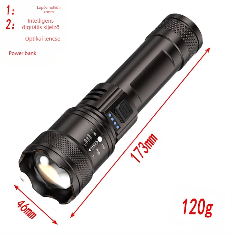 Többfunkciós zseblámpa, újratölthető, hordozható, intelligens digitális, robbanásveszélyes hangerővel, nagy lövésű, zoomos, USB szuperfényes zseblámpa