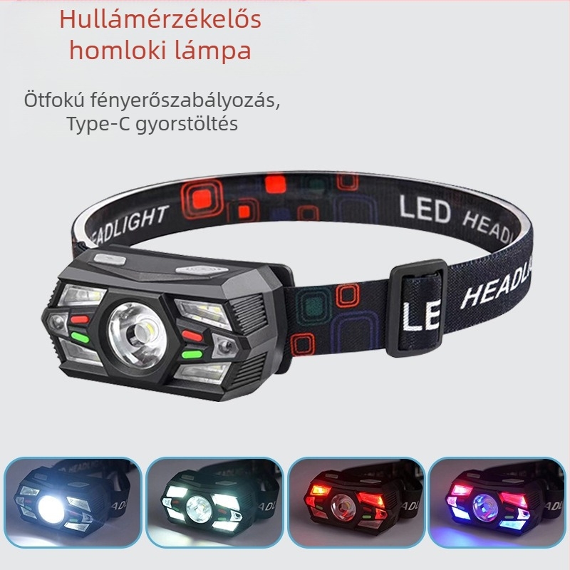 Határokon átnyúló intelligens indukciós kis fényszóró, többfunkciós, több fényforrással tölthető kültéri fejre szerelhető zseblámpa, éjszakai horgászlámpa nagykereskedelemben