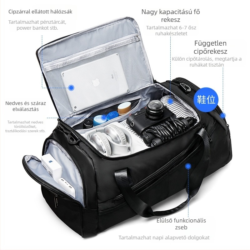 Nagy kapacitású edzőtáska férfi utazótáska úszótáska sport edző hátizsák száraz és nedves elválasztású utazópoggyásztáska