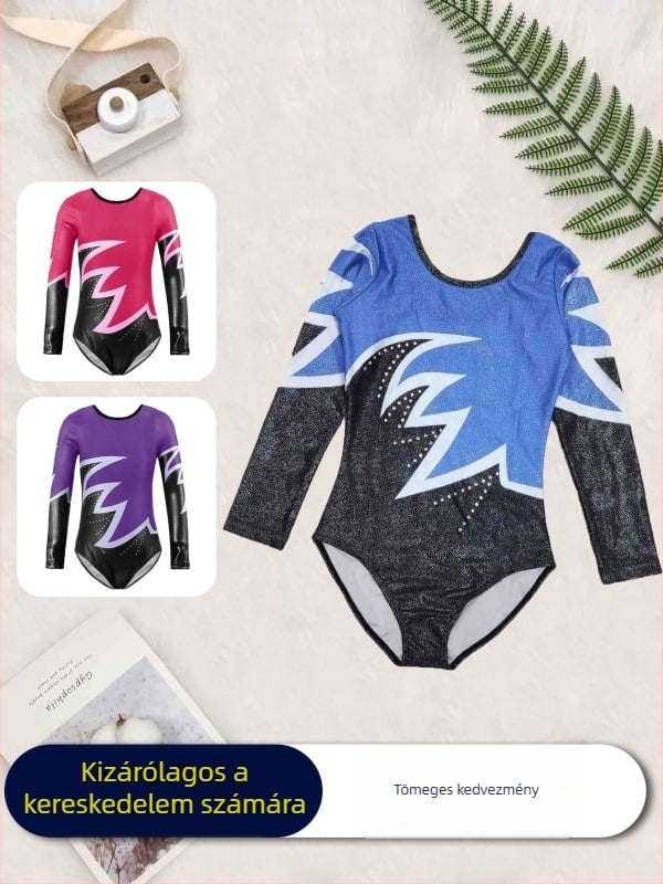 Gyermek tornaruházat, Lányok versenyruházata, Mintás strasszos hosszú ujjú, feszes szabású versenyruházat, Versenyruházat, Színpadi előadás