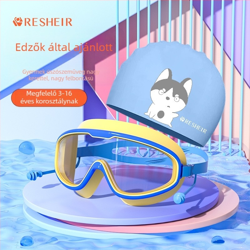 Gyermek úszószemüveg HD vízálló páramentes nagy keretes úszószemüveg professzionális búvárkodáshoz szemvédelem divatos szilikon úszósapka felszerelés