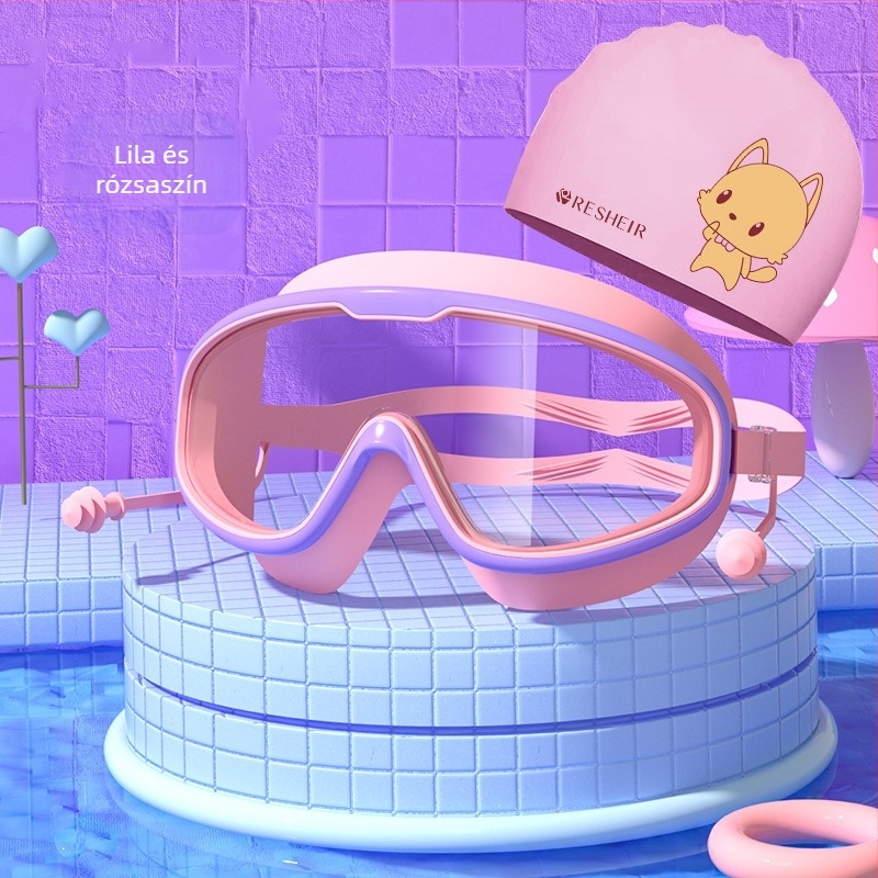 Gyermek úszószemüveg HD vízálló páramentes nagy keretes úszószemüveg professzionális búvárkodáshoz szemvédelem divatos szilikon úszósapka felszerelés