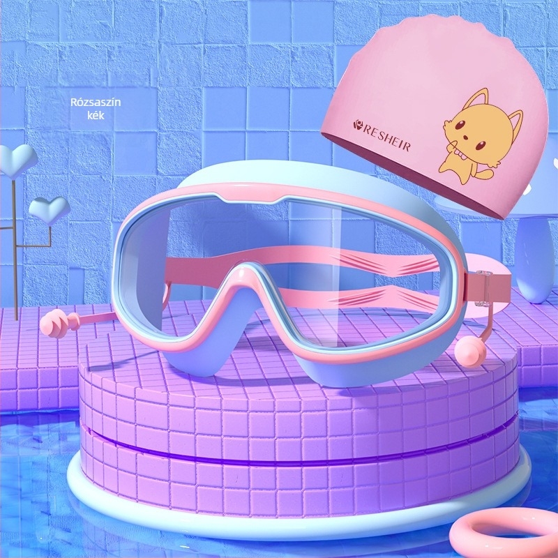 Gyermek úszószemüveg HD vízálló páramentes nagy keretes úszószemüveg professzionális búvárkodáshoz szemvédelem divatos szilikon úszósapka felszerelés