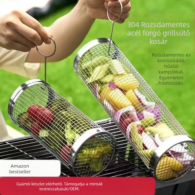 Amazon Rolling Barbecue Cage Supply Barbecue kosár Továbbfejlesztett kültéri grill rozsdamentes acél grill hordó grill eszközök