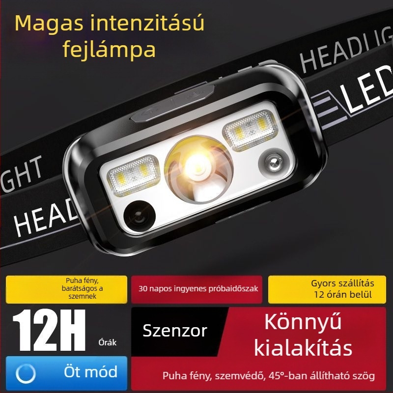 Erős fényszórótöltésű, szuper fényes horgász indukciós újratölthető kültéri fejre szerelhető, tartós, speciális hosszú élettartamú zseblámpa