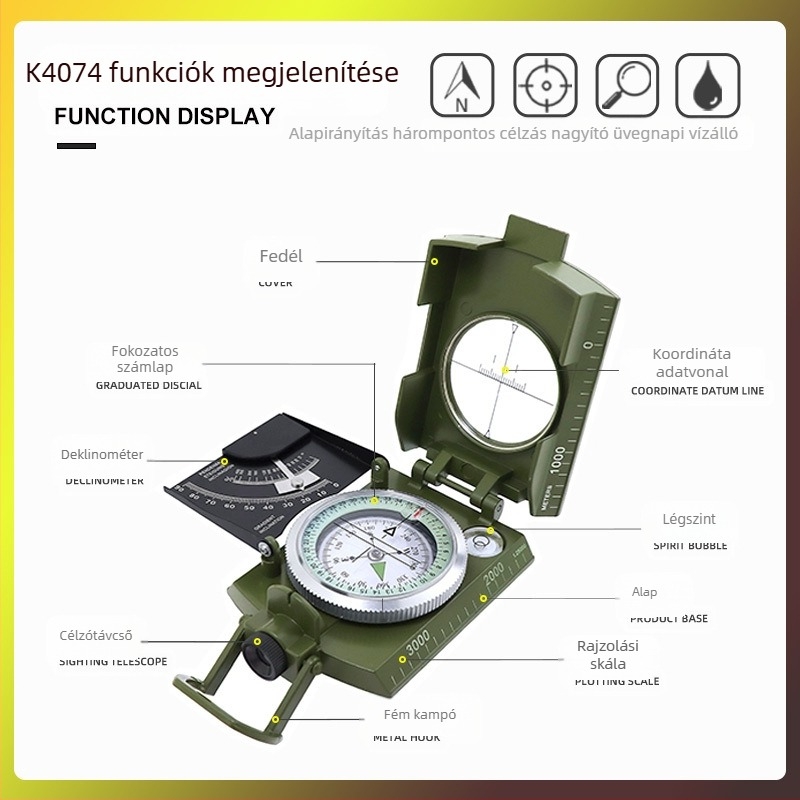 Gyártó K4074 ötvözetből készült iránytű, nagy pontosságú, multifunkcionális, világító, túlélő kültéri iránytű, lejtőmérővel