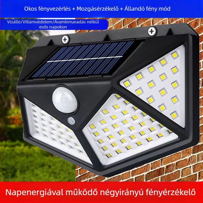Négyoldalas világító 100 LED-es napelemes lámpa emberi test indukciós lámpa kerti udvari fali lámpa kültéri vízálló világítás utcai lámpa