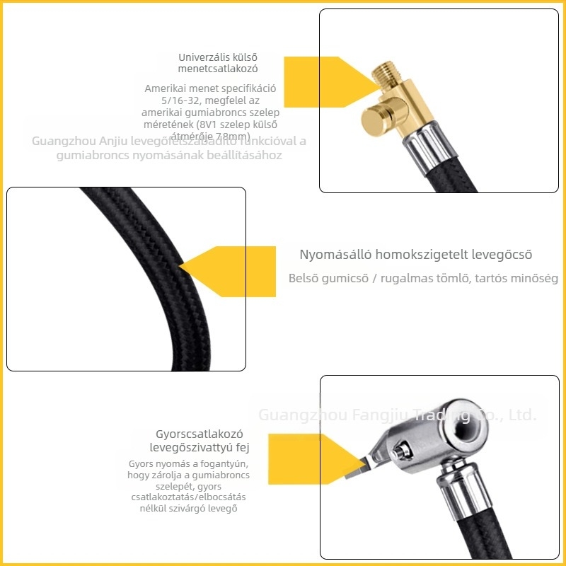 Az autó légpumpája leereszthető, hosszabbító cső, gyors levegőcső, hosszabbító levegőcső, réz, nyomókarral rögzíthető, nincs levegőszivárgás