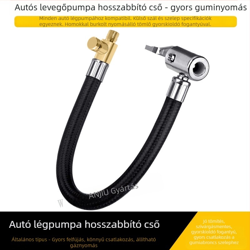 Az autó légpumpája leereszthető, hosszabbító cső, gyors levegőcső, hosszabbító levegőcső, réz, nyomókarral rögzíthető, nincs levegőszivárgás