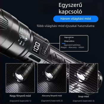 Határokon átnyúló, többfunkciós műanyag zseblámpa, szuper nagy hatótávolságú, kültéri, erős fényű zseblámpa, zoom, digitális kijelző, töltés, P50 zseblámpa