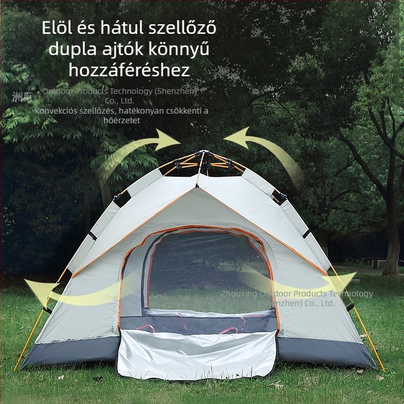 Összeszerelés nélküli, hordozható, ezüstözött, napvédővel ellátott, kétajtós, szellőző kempingsátor, szélálló, könnyű, gyorsan nyitható kempingezéshez