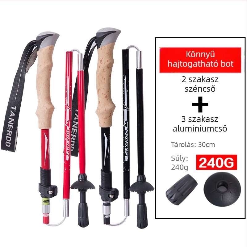 Kültéri túrabot, karbon, ultra könnyű, visszahúzható, összecsukható, külső zárral ellátott, mászó, túrázó, terepfutó, karbonszálas sétabot