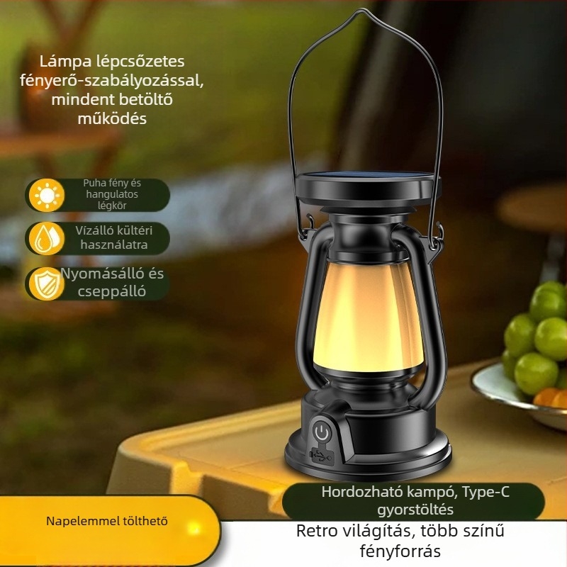 Új 2024-es kerozinlámpa újratölthető kempinglámpa dekoratív hangulatlámpa kültéri retro napelemes hordozható kempinglámpa