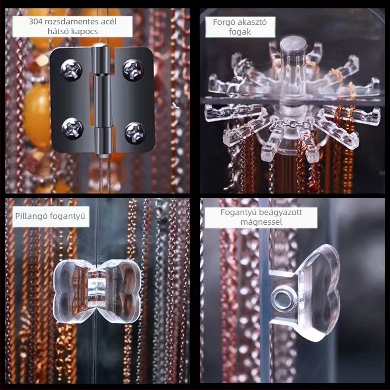 Nyaklánc, karkötő, asztali tárolódoboz, átlátszó akasztós ékszertároló doboz, porálló nyaklánc-kiállító polc