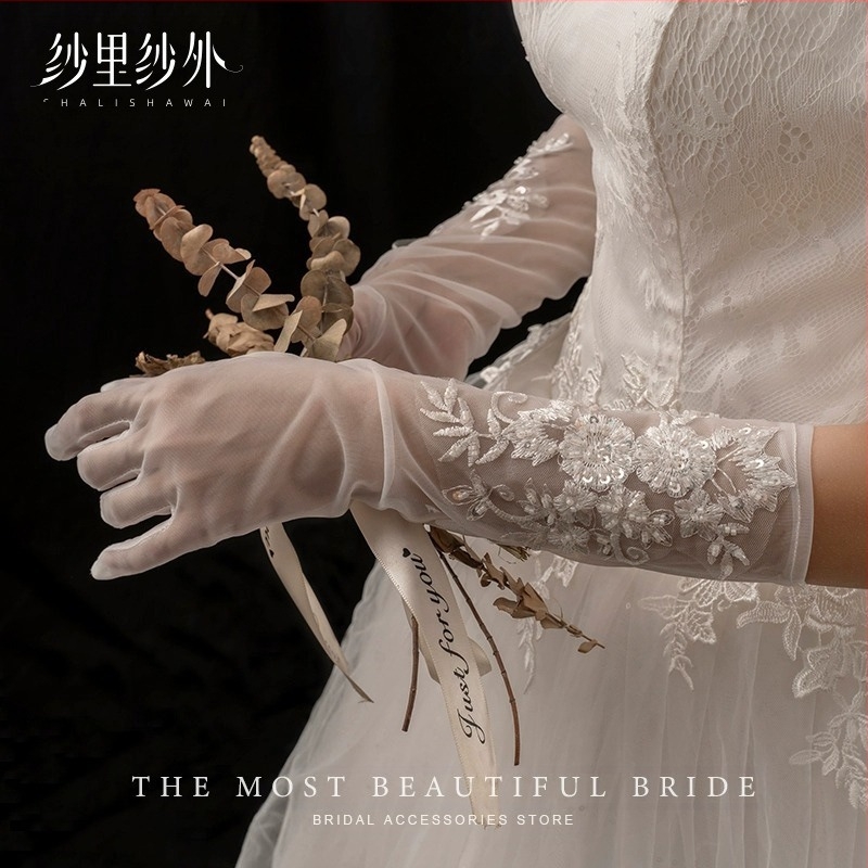 Francia retró csipke hosszú kesztyűk varrás gyöngyök gyönyörű luxus menyasszonyi kesztyűk esküvői fonal ruha kiegészítők kesztyűk