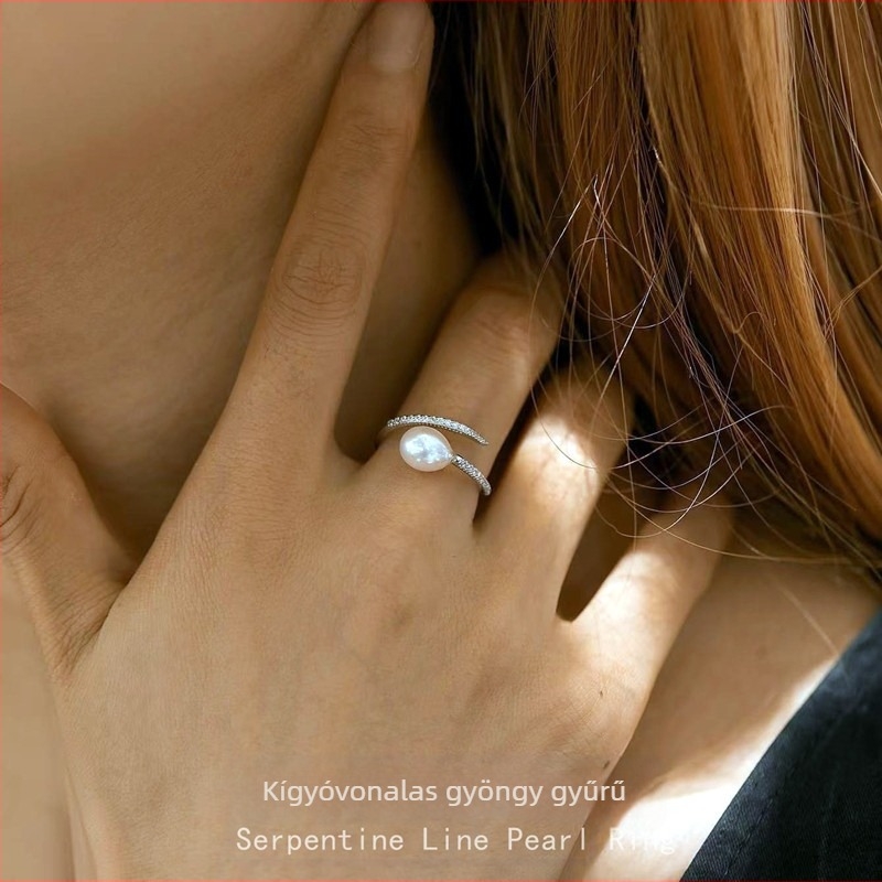 S925 sterling ezüst kígyó alakú gyöngygyűrű női őszi és téli egyszerű divatos, csúcsminőségű édesvízi gyöngygyűrű